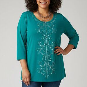 Embellished T-Shirt 3/4 Sleeve Jade Green Size XL